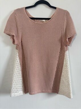 Anthropologie MOTH Knit & Eyelet Lace Short Sleeve Top in blush pink